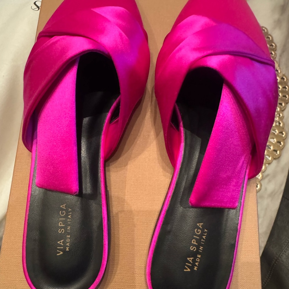 Via Spiga Pink Satin Mules with Crisscross Straps